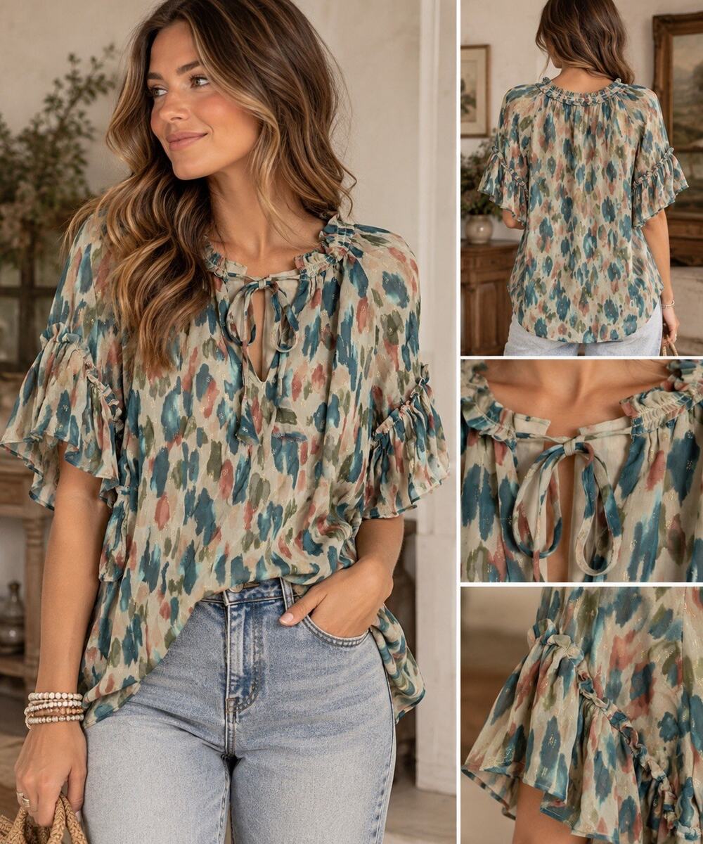 RAMY BROOK Metallic Multicolor Ruffle Short Sleeve Blouse XS